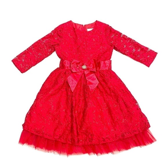 Rare Editions Party Holiday Long Sleeve Red Lace Sparkly Dress - Picture 1 of 6